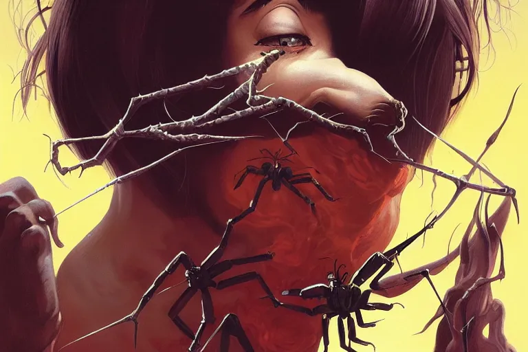 Image similar to A portrait painting of a spider woman with giant spider legs and hair needles crawling out of a volcano, illustration, detailed, award-winning, trending on artstation, by Frank Frazetta and Charlie Bowater and Mark Brooks and Richard Corben H-1024