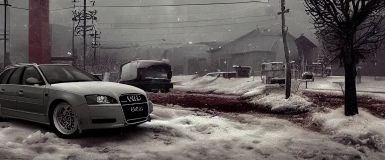 Prompt: Audi A4 B6 Avant (2002), a gritty neo-noir, dramatic lighting, cinematic, eerie person, death, homicide, homicide in the snow, viscera splattered, gunshots, establishing shot, extremely high detail, photorealistic, cinematic lighting, artstation, by simon stalenhag, Max Payne (PC) (2001) winter New York at night, In the style of Max Payne 1 graphic novel, flashing lights, Poets of the Fall - Late Goodbye