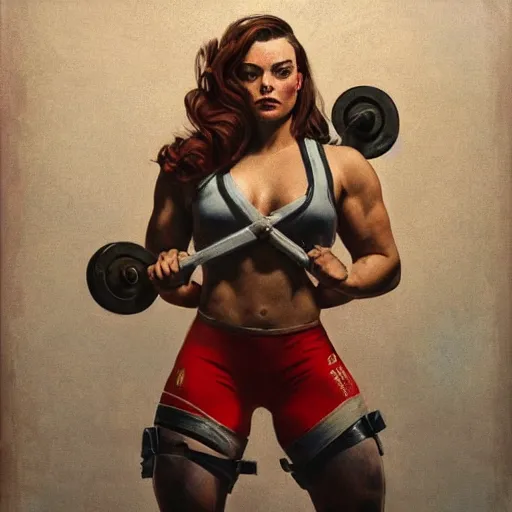 Image similar to socialist realism propaganda poster of margot robbie as beautiful female very muscular weightlifter from overwatch, portrait, profile picture, socialist realism, highly detailed, intricate, digital painting, artstation, sharp focus, illustration, art by jakub rozalski, greg rutkowski, artgerm, tan zi and ayanamikodon and alphonse mucha and wlop