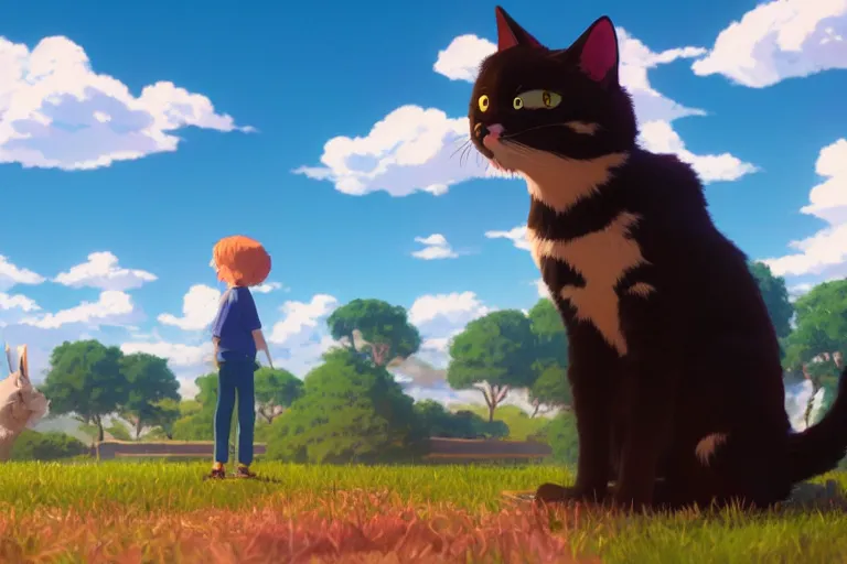 Prompt: a wholesome animation key shot of a cat looking a biplane! in the sky, medium shot, studio ghibli, pixar and disney animation, sharp, rendered in unreal engine 5, anime key art by greg rutkowski, bloom, dramatic lighting