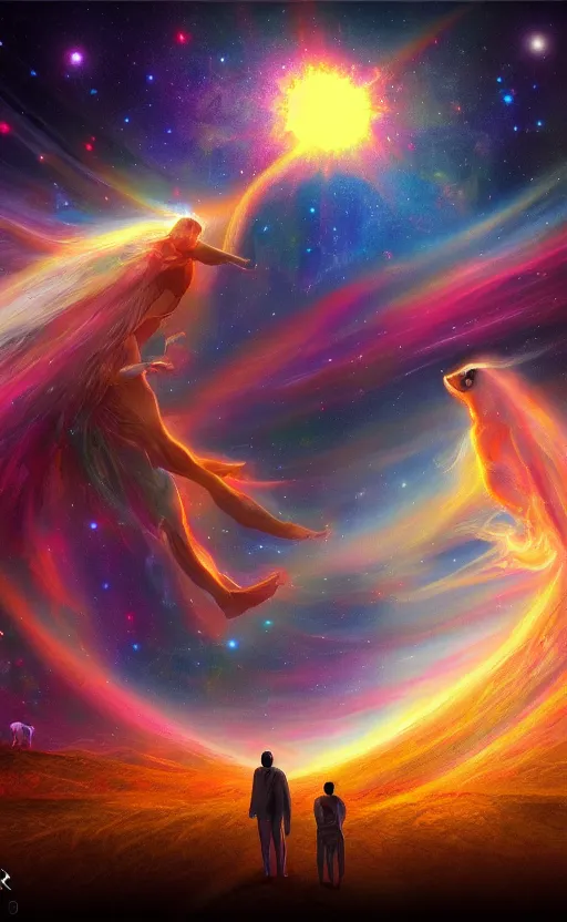 Image similar to Meeting God in the universe, digital art, trending on art station