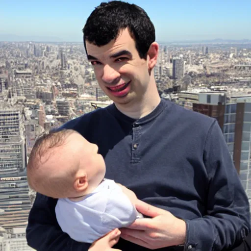 Prompt: Nathan fielder holding a baby over a ledge