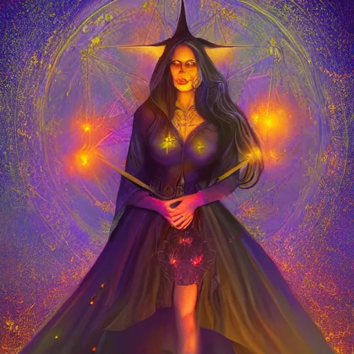 Prompt: a beautiful witch in golden clothes standing inside a pentagram, summoning a powerful demon, artstation, colorful, detailed, fantasy digital art, beautiful composition, masterpiece, artstation