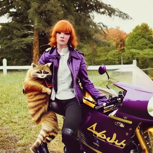 Image similar to a photo by arbus of a slender beautiful woman with straight ginger hair and bangs, wearing purple leathers and gold helmet, posing with large ginger tabby and raccoon on a motorcycle in front yard, holding coffee mug and toasted brioche bun, fashion photography, dramatic lighting, 8 5 mm lens