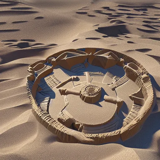 Image similar to desert temple surrounded by large dunes, carving, digital art