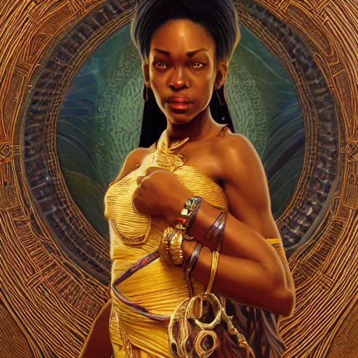 Prompt: an african goddess, kemetic, D&D, fantasy, intricate, elegant, highly detailed, digital painting, artstation, concept art, matte, sharp focus, illustration, art by Artgerm and Greg Rutkowski and Alphonse Mucha