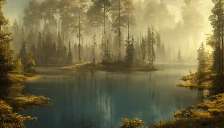 Image similar to portrait of a lake surrounded by forest, highly detailed, sunny, blue sky, cinematic lighting, highly angle, godrays, volumetric, photorealistic, digital art painting by greg rutkowski