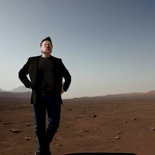 Prompt: Happy Elon Musk on Mars, photo, centered, full body, grand gesture, 2040