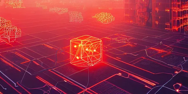 Prompt: glowing chains of interconnected network of technological cubes floating in the middle of a cyberpunk tokyo 2 0 9 9 city, in the art style of dan mumford and marc simonetii, atmospheric lighting, intricate, volumetric lighting, beautiful, sharp focus, ultra detailed