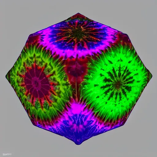 Prompt: a hyperrealistic 3D render of a dodecahedron made entirely of tie dyed Mandelbrot fractals, 8k, 4K, glowing, neon, octane render, photorealistic