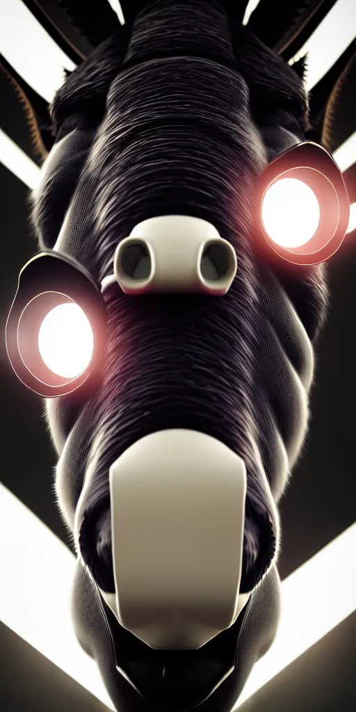 Image similar to hyper detailed ultra sharp portrait of a beautiful fashionable porcelain ivory cyberpunk scifi robo donkey with glowing eyes and steam coming out of the nostrils, up close shot, sharp focus, global illumination, radiant light, black haute couture, alexandre ferra, irakli nadar, octane render, 4 k, ultra hd,
