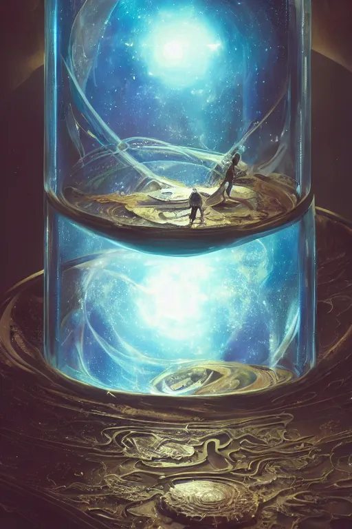 Prompt: majestic stairways to otherworldly galaxies inside a glass jar admired by a boy, high intricate details, rule of thirds, golden ratio, cinematic light, 8 k, octane render, anime style, graphic novel by fiona staples and dustin nguyen, art by beaststars and orange, peter elson, alan bean, studio ghibli, makoto shinkai