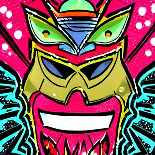 Prompt: a super powered lucha libre wrestling jumping off the top rope of the ring, the pattern on the luchador mask is covered in shiny sequins in the shape of a smile full of fangs