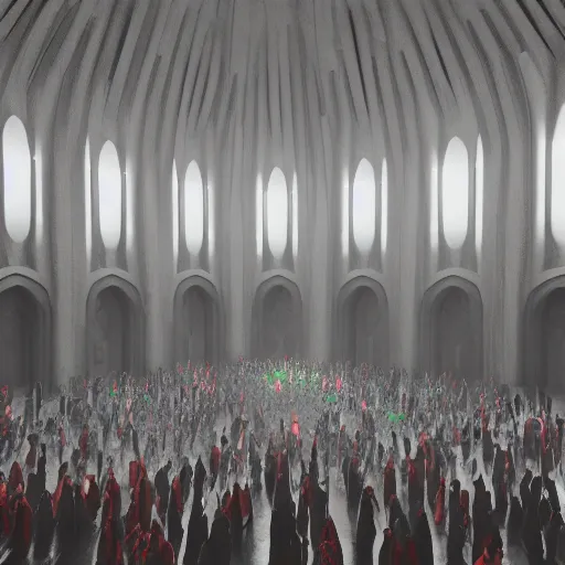 Prompt: octane render, inside the grand hall of a stunning giant huge brutalist cement palace, a giant floating screaming face made out of swirling colorful glowing particles, a huge crowd of people in black cult robes kneeling down, cinema 4 d, volumetric lighting and shadows, fog, moody, atmospheric, 8 k