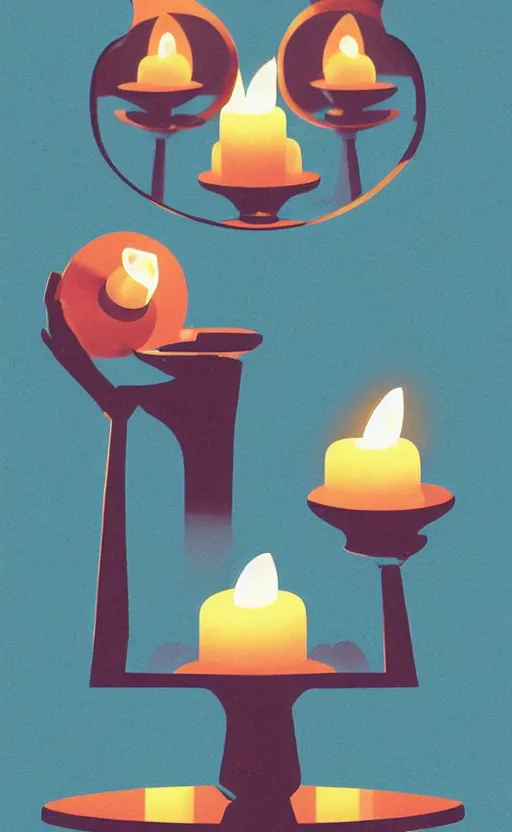 Image similar to illustration with a set of beautiful scented candles, close - up photo in cozy interior, candle lighting, shadow play, light refraction, mirror, glowing, pinterest, an art deco painting by tom whalen, trending on behance, art deco, digital illustration, storybook illustration, grainy texture, flat shading, vector art, airbrush, pastel, watercolor, poster