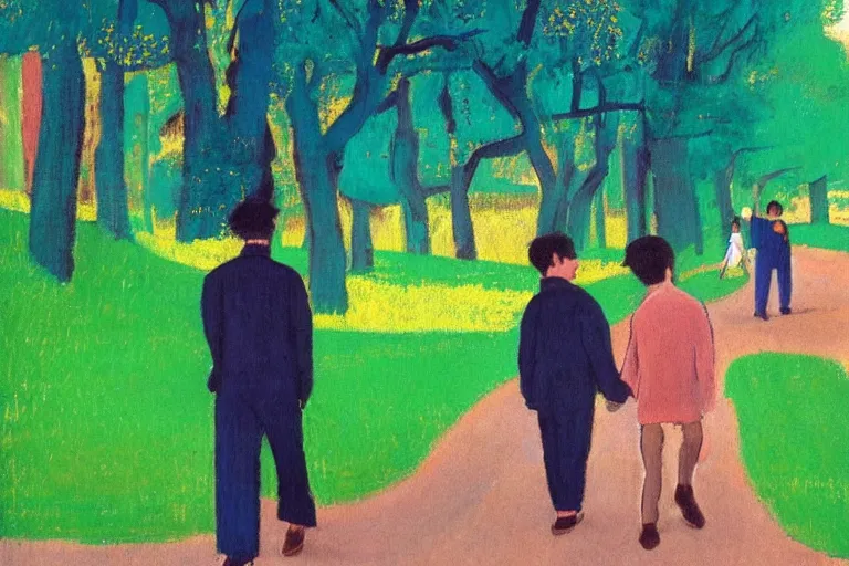 Prompt: a tall man with dark hair holding the hands of a small boy with dark hair as they walk down a suburban highway on a bright beautiful colorful happy day. part in the style of an edgar degas painting. part in the style of david hockney