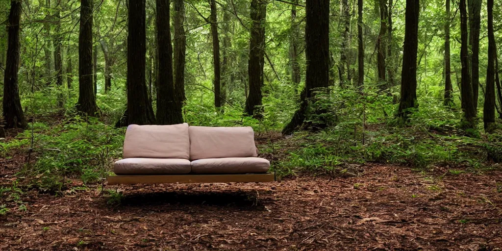 Prompt: a couch in the middle of a forest, beautiful ambient light, 8k photography