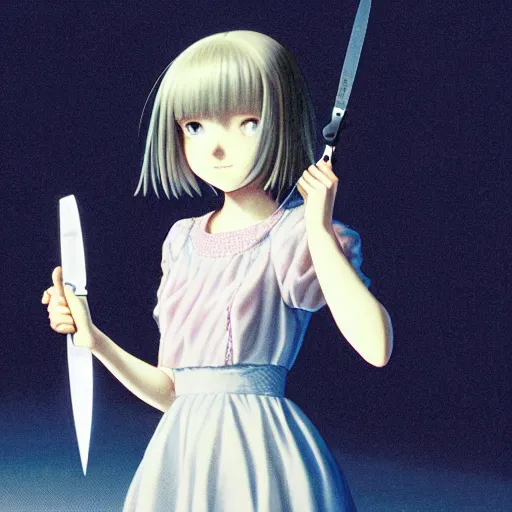 Image similar to IMAX film still of a portrait of a morbid 18 year old young woman wearing a dress of the soft aesthetic with wavy long hair, queen of sharp razorblades holds a single small sharp blade or a razor her hand and shows it to the user, by Range Murata, Katsuhiro Otomo, Yoshitaka Amano.