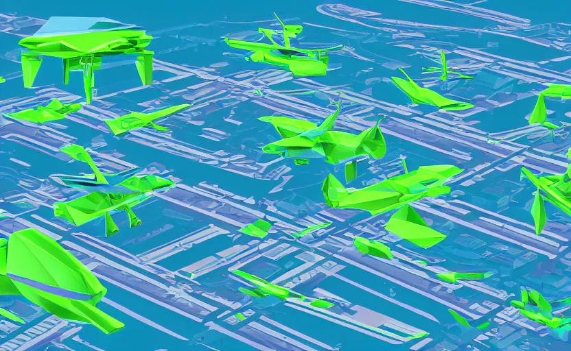 Prompt: futuristic soviet city landscape with flying cars in vector low-poly-style in very vibrant green and blue shades