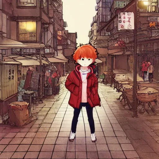 Prompt: A cute cartoon ginger girl with puffy red hair, wearing a brown jacket over a black hoodie in a busy asian city, digital art, Akihiko Yoshida