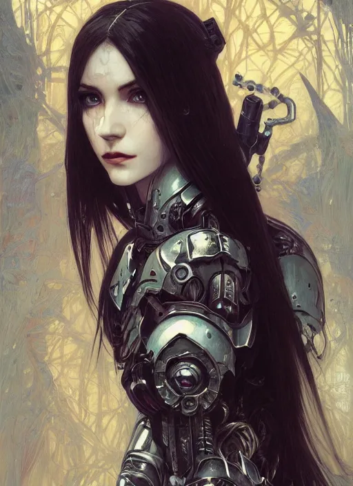 Image similar to portrait of beautiful pale gothic maiden, warhammer 40000, cyberpunk, intricate, elegant, highly detailed, digital painting, artstation, concept art, smooth, sharp focus, illustration, art by artgerm and greg rutkowski and alphonse mucha and Gustav Klimt and Ilya Kuvshinov