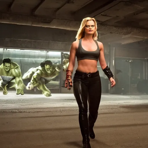 Image similar to Margot Robbie as real-life Hulk, cinematic, Wide-shot, atmospheric lighting, directed by Quentin Tarantino, extreme detail, 8K, movie still