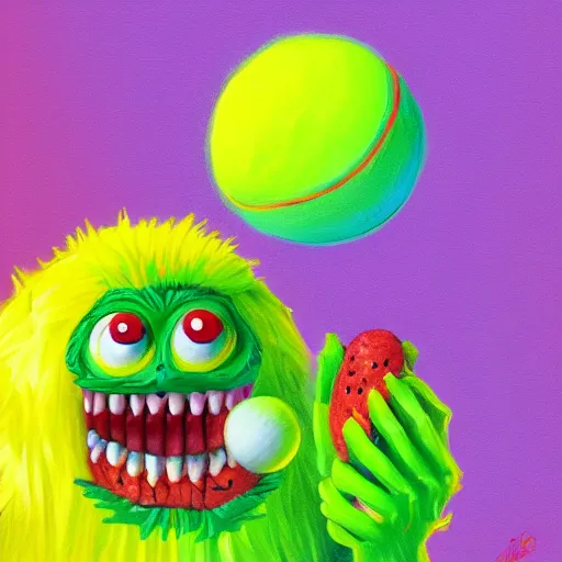 Image similar to a tennis ball monsters eating breakfast, colorful, digital art, fantasy, magic, chalk, trending on artstation, ultra detailed, professional illustration by basil gogos