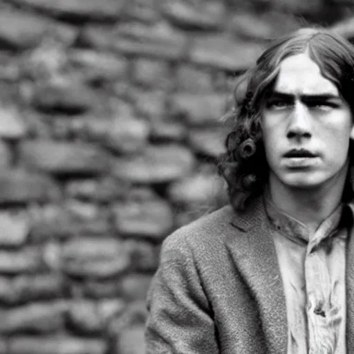 Prompt: Still of a movie set in the 1930s where a terrified young man with long hair is cornered against a stone wall. He is looking utterly panicked and distressed