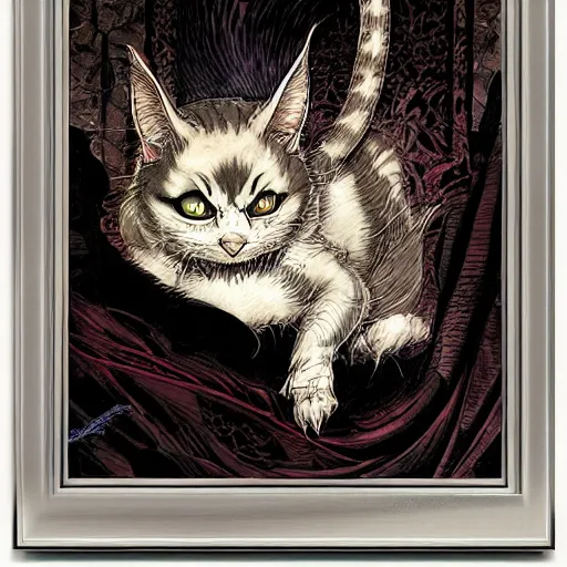 Image similar to vampire cat, inside a frame on a tiled wall, frontal picture, by yoichi hatakenaka, masamune shirow, josan gonzales and dan mumford, ayami kojima, takato yamamoto, karol bak