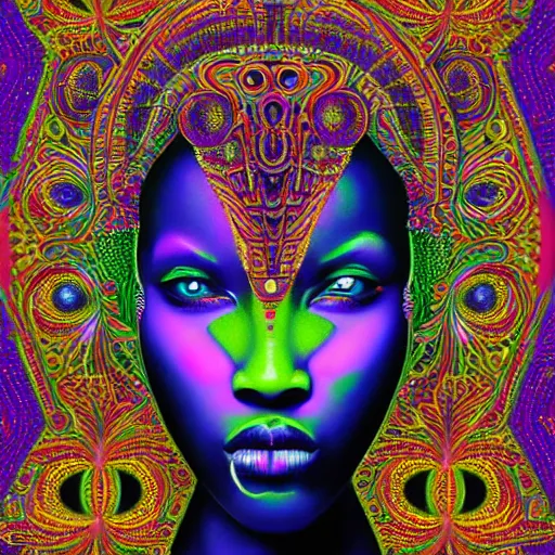 Prompt: long shot, wide angle dynamic portrait of a dmt african cyber goddess fractal, infinite intricacy, extremely ornate, clockwork, psychedelic surreal art, from the place where reality breaks, by casey weldon and machina infinitum, symmetry!, psychedelic colors, complexity from simplicity