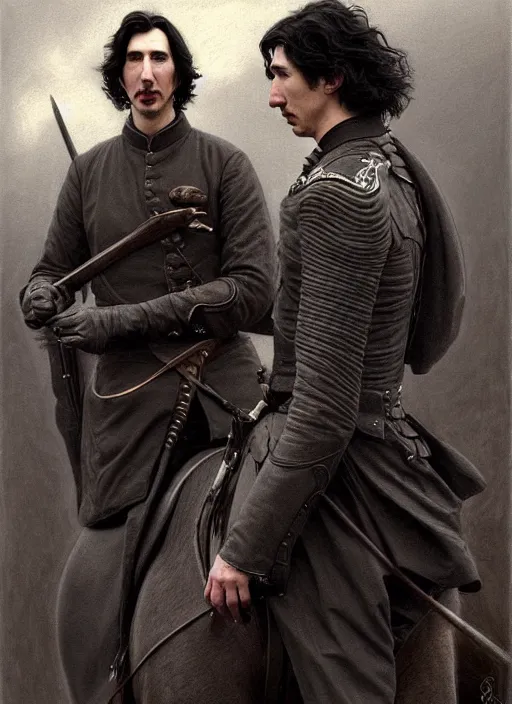 Image similar to painting of john oliver and adam driver together, riding horse, stoic, full body, military uniform, fantasy, intricate, elegant, beautiful, highly detailed, charcoal, centered, dark, smokey, digital painting, artstation, concept art, smooth, sharp focus, illustration, art by artgerm, art by greg rutkowski, art by alphonse mucha