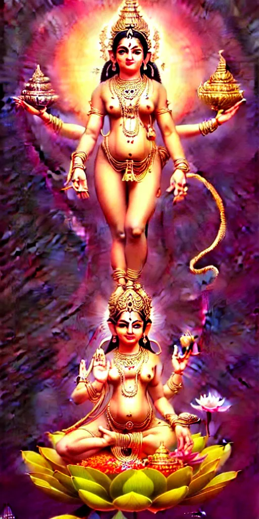 Prompt: beautiful hindu goddess lakshmi fantasy character portrait, four hands, standing on a lotus, single figure composition, full body, chubby, ultra realistic, intricate details, the fifth element artifacts, highly detailed by peter mohrbacher, hajime sorayama, wayne barlowe, boris vallejo, aaron horkey, gaston bussiere, craig mullins