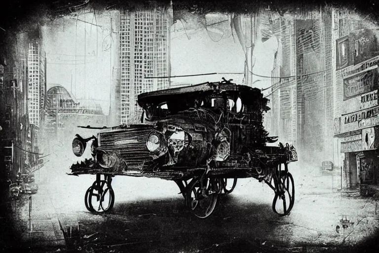 Prompt: cyberpunk 1 9 0 8 model ford t by paul lehr, beksinski, metropolis, parked by view over city, vintage film photo, robotic, damaged photo, scratched photo, silent movie, black and white photo