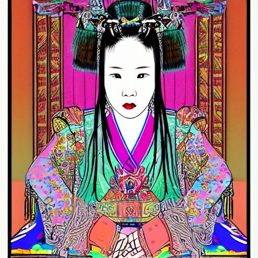 Prompt: portrait of a korean queen in ancient times, acid trip art style, obnoxious art style, cyberpunk aesthetic