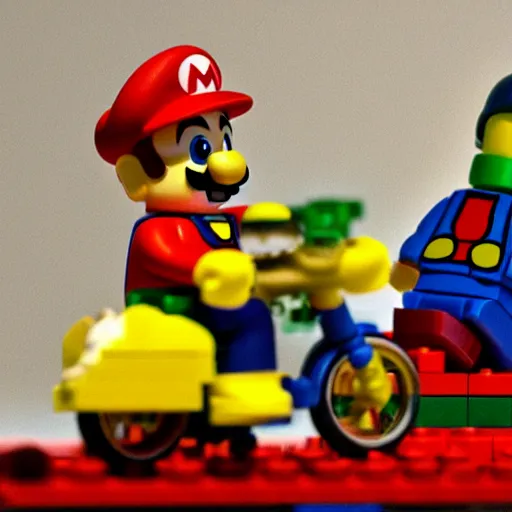 Image similar to a photo of realistic plumber mario riding on yoshi, lego mini figures