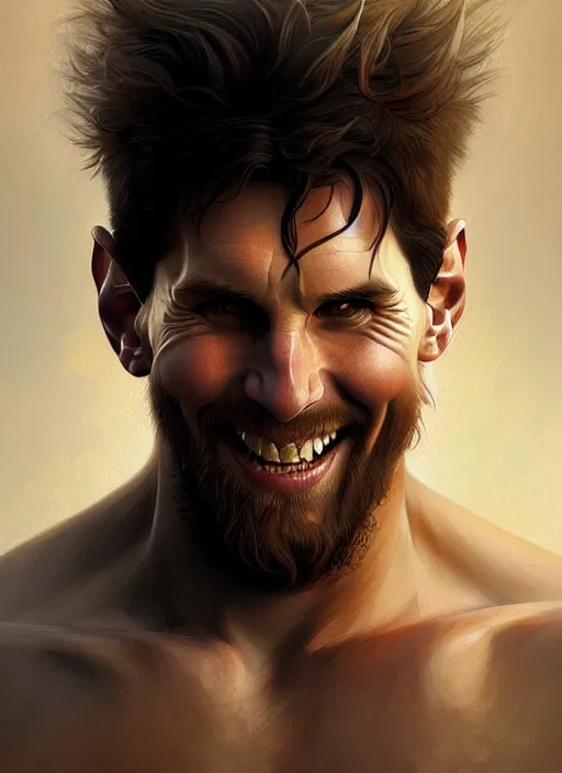 Prompt: portrait of aggressive smiling messi, d & d, muscular! fantasy, intricate, elegant, highly detailed, digital painting, artstation, concept art, smooth, sharp focus, illustration, art by artgerm and greg rutkowski and alphonse mucha