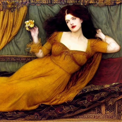 Image similar to preraphaelite photography reclining on bed, a hybrid of judy garland and a hybrid of madame de sevigne and eleanor of aquitaine, aged 2 5, big brown fringe, yellow ochre ornate medieval dress, john william waterhouse, kilian eng, rosetti, john everett millais, william holman hunt, william morris, 4 k