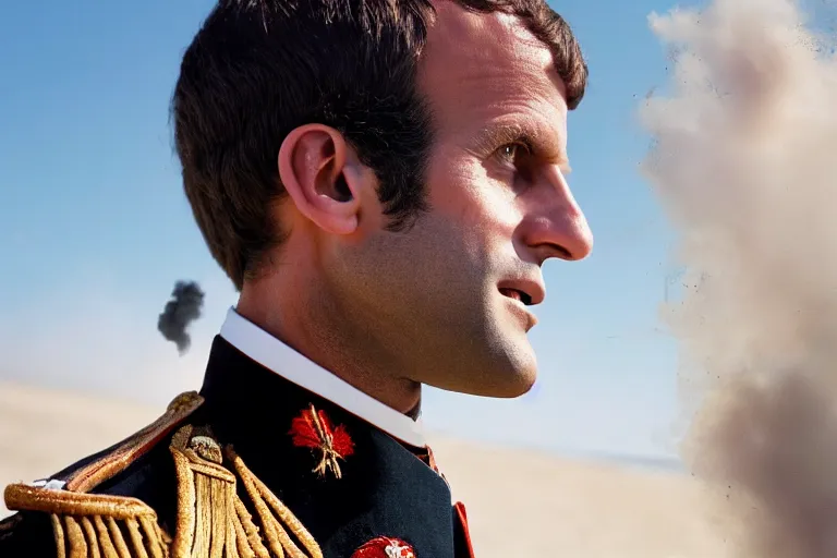 Image similar to closeup portrait of emmanuel macron dressed as napoleon firing cannons on the beach england, natural light, sharp, detailed face, magazine, press, photo, steve mccurry, david lazar, canon, nikon, focus