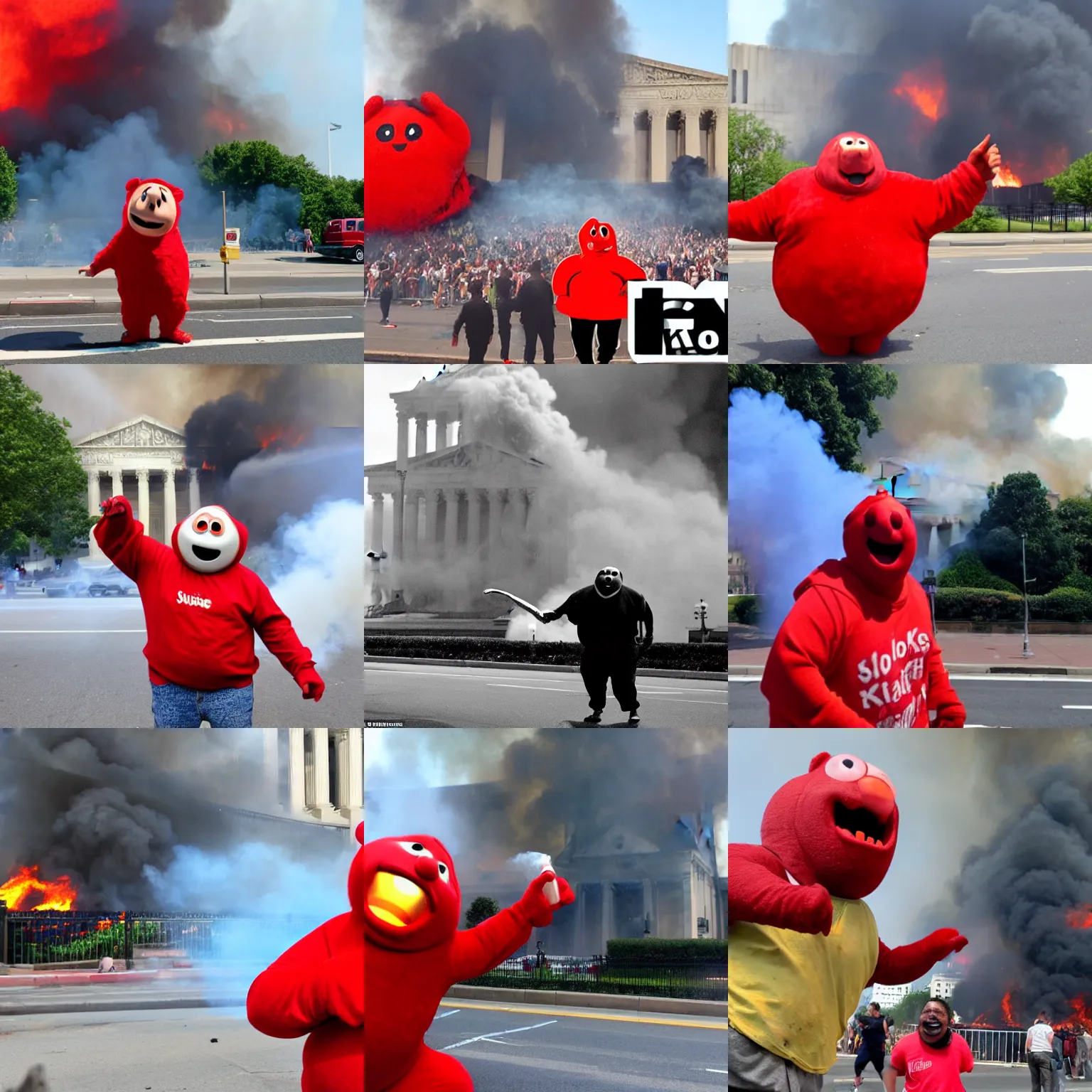 Prompt: the kool-aid man rioting in the street with the supreme court building burning behind him, photo