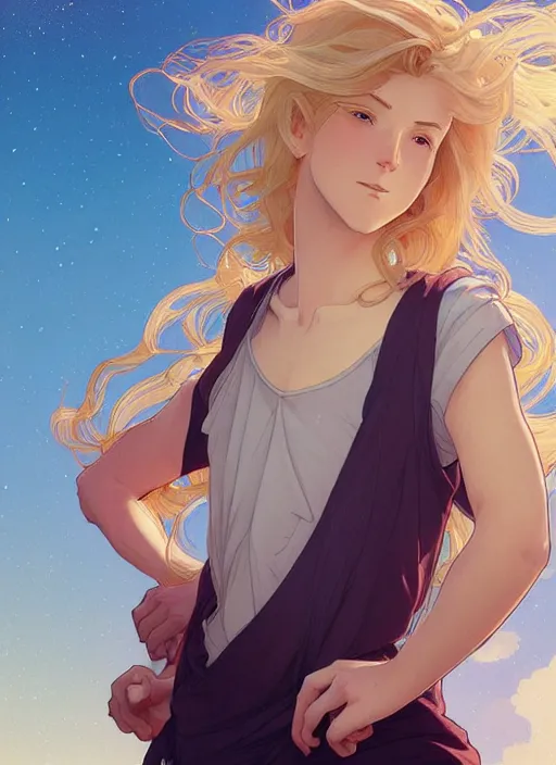 Image similar to pretty young man with shoulder length blond hair, half body shot, path traced, highly detailed, high quality, digital painting, by studio ghibli and alphonse mucha, hidari, disney, android jones, andreas rocha, conrad roset