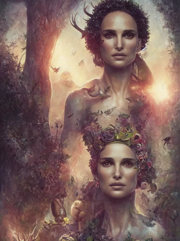 Image similar to a solarpunk portrait of a gorgeous Natalie Portman in the movie Annihilation, with deer and rabbits, award-winning, masterpiece, in the style of Tom Bagshaw, Cedric Peyravernay, Peter Mohrbacher