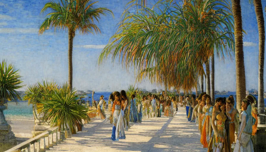 Image similar to a ultradetailed beautiful painting of the amazonas palace balustrade designed by jules bastien - lepage, tarsila do amaral, frank weston and gustave baumann, beach, trending on artstation, mediterranean, palm trees, sharp focus, colorful refracted sparkles and lines, soft light, 8 k 4 k