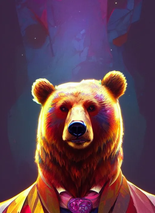 Image similar to portrait of anthropomorphic bear, colorful, highly detailed, digital painting, artstation, concept art, smooth, sharp focus, illustration, art by artgerm and greg rutkowski and alphonse mucha