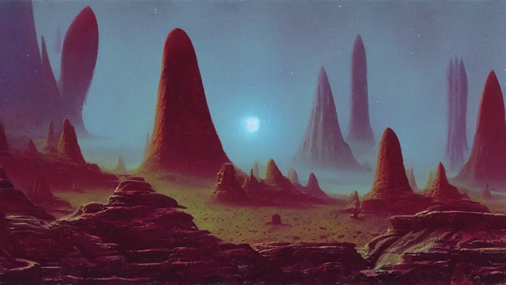 Image similar to mysterious monuments of an alien civilization by paul lehr and john schoenherr, cinematic matte painting