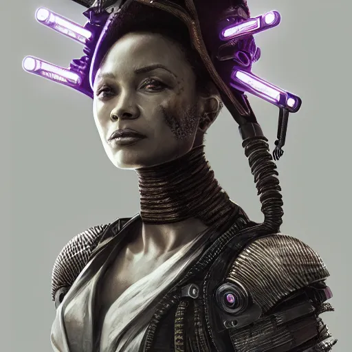 Prompt: thandiwe newton portrait, dystopia core, apocalyptic, armor, warrior, dramatic, sharp focus, fiction, neon, fantasy, hyper detailed, digital art, trending in artstation, cinematic lighting, studio quality, smooth render, unreal engine 5 rendered, octane rendered, art style and nixeu and wlop and krenz cushart