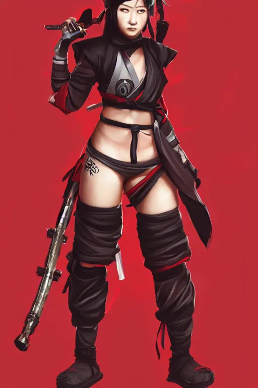 Image similar to full body native japanese young woman dressed like shinobi ninja, focused stare, partially masked, highly detailed, photobash, photorealistic render, trending on artstation, character design, red background, cinematic lighting