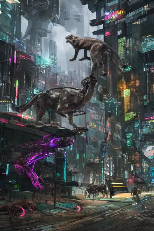 Image similar to 3D render of a futuristic cyberpunk zoo made up of cyborg animals. Dystopian. Noir. Photo realistic. highly detailed. Cinematic lighting. Trending on artstation. Masterpiece. Intricate. Majestic. Digital art. Unreal engine 5. Concept art