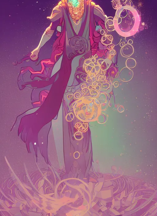 Image similar to a levitating magician surrounded by spirals of sparkling crystal, diamond and rose quartz, full body view, beautiful high quality realistic fantasy art but its hyper light drifter, trending on artstation by alphonse mucha