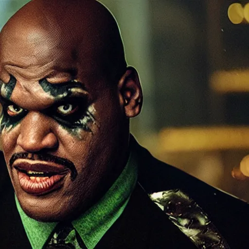 Image similar to cinematic close - up film still of shaquille o ’ neal as the joker in gotham city