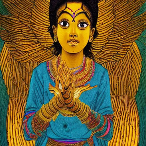 Prompt: Sri lankan girl as a winged angel covered in eyes with glowing halo, iridescent, seraphim, art by Hideyuki Kikuchi,